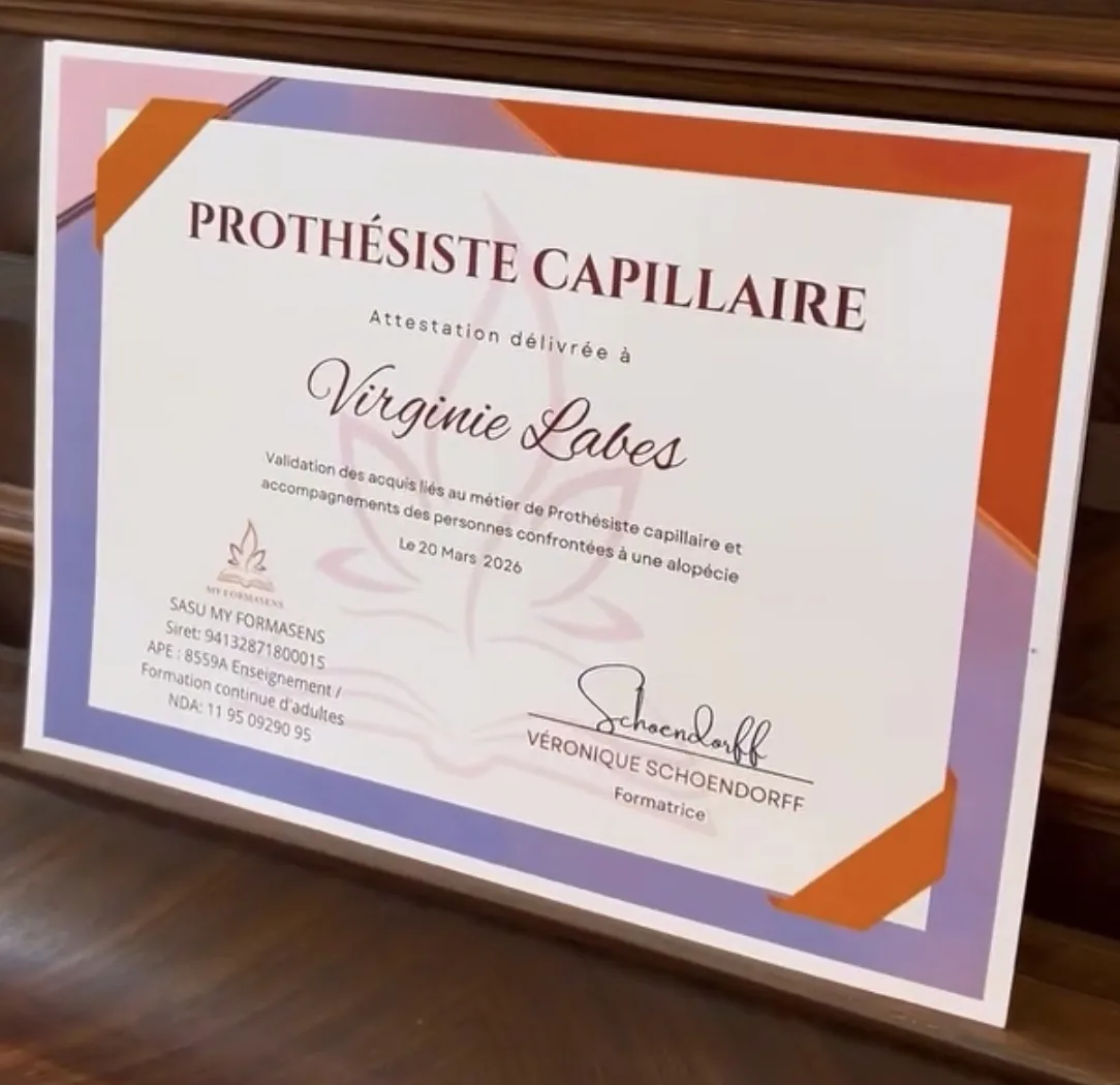 Attestation de prothésiste capillaire délivrée à Virginie Labes le 20 mars 2026